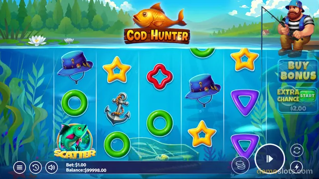 A fishing-themed slot machine game interface showing a 5x3 grid of symbols over an underwater background.