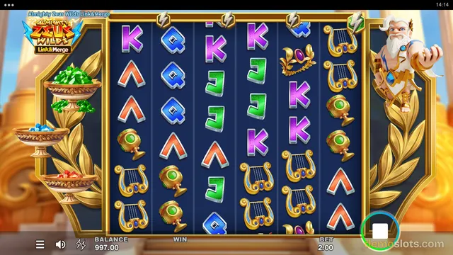 A slot game grid showing five reels with symbols including letters, a lyre, a goblet, a laurel wreath, and a statue of Zeus.