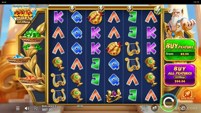 A 6-reel slot game titled Almighty Zeus Wilds Link&Merge shows a grid of symbols including letters, a golden fist, a lyre, and a green orb, with a Zeus character on the right side.