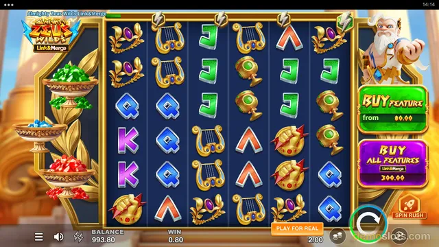 A 5x5 slot game grid with Greek-themed symbols, Zeus on the right side, and buy-feature buttons.
