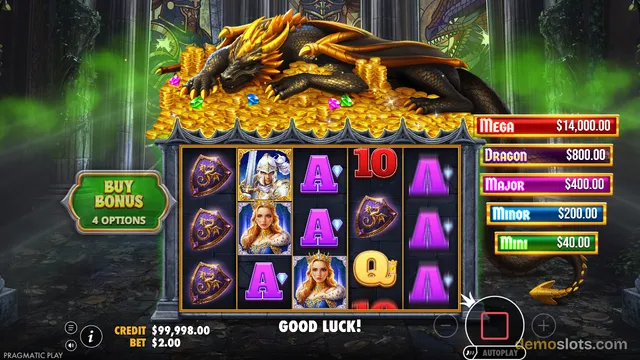 A fantasy-themed slot machine screen showing a 5x3 grid of symbols with a large dragon sleeping on a pile of gold coins in the background.
