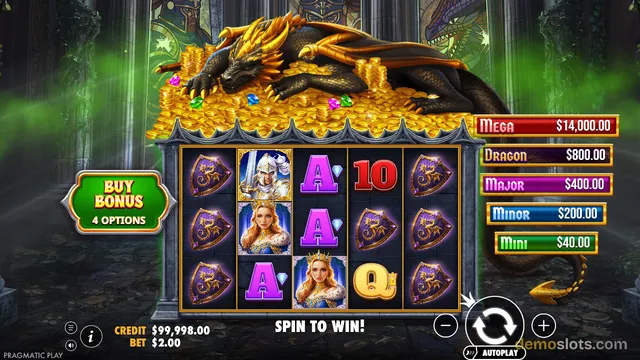 A fantasy-themed slot machine screen showing a 5x3 grid with dragon shields and character symbols beneath a large dragon illustration.