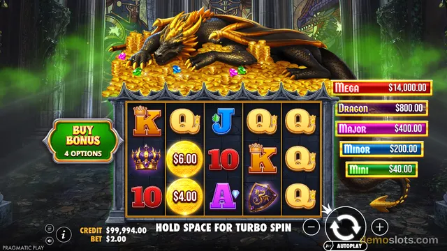 A 5x3 grid slot machine with a dragon resting on a pile of gold coins in the background, displaying a settled spin result.