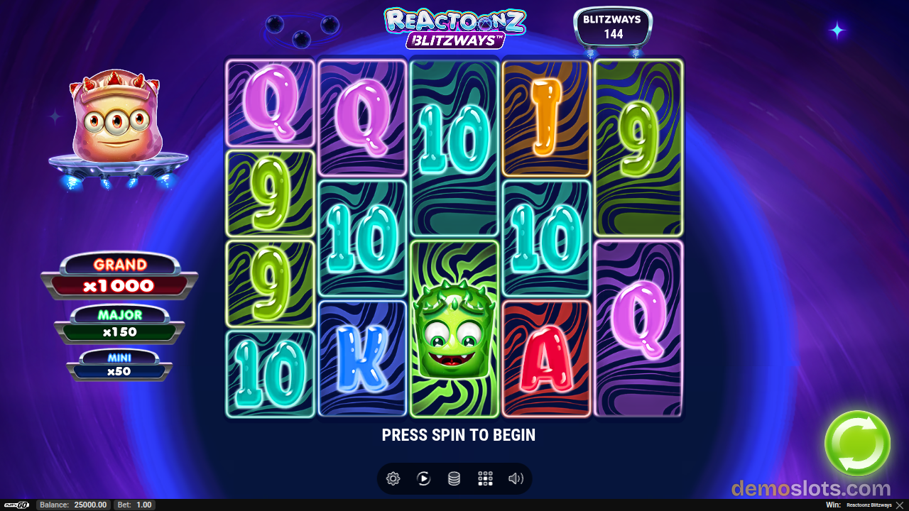 A bright slot game grid with glossy, 3D-style symbols including Q, 9, 10, J, K, A, and a green character, with a title 'Reactionz Blitzways' and a 'Blitzways 144' badge.