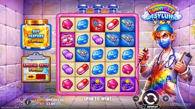 A 5x5 slot game titled Sunny Daze Asylum shows a grid of medical-themed symbols, with a doctor character on the right and a Buy Feature jar on the left, along with the text SPIN TO WIN!