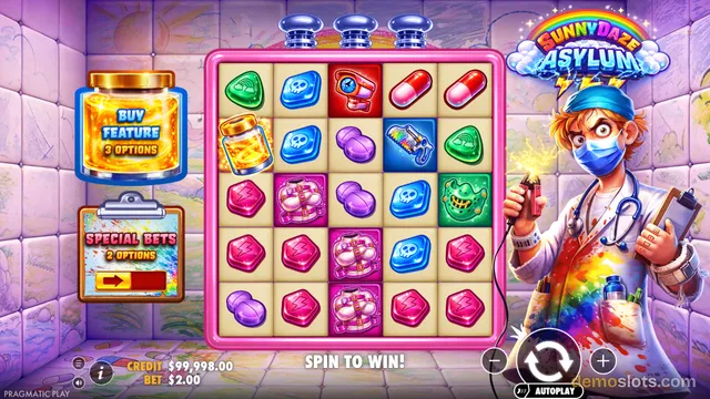 The slot game Sunny Daze Asylum shows a 5x5 grid of colorful pills and medical symbols, with a cartoon doctor character on the right and a Buy Feature panel on the left.