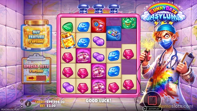 A slot game grid with colorful candy-like symbols is shown, with a character in a lab coat on the right side and promotional panels on the left.