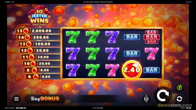 A 5x3 slot grid with colorful sevens and BAR symbols is shown, with a prize tower ladder on the left and a 2.40 win indicator on the grid.