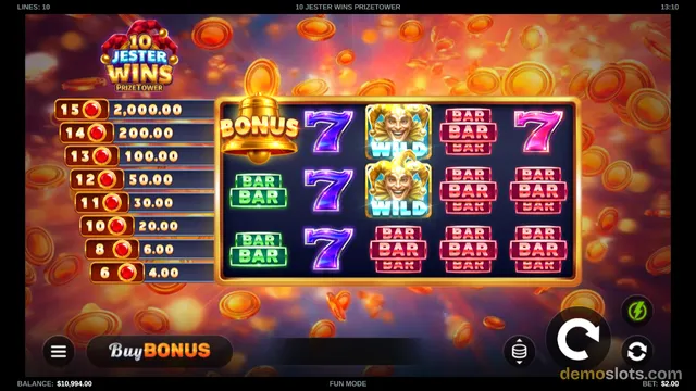 A 5x3 slot game grid showing a bonus bell, purple sevens, jester wilds, and BAR symbols, with a prize ladder on the left side of the screen.