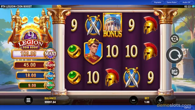 A slot game screen showing a 4x5 grid of symbols on a purple background with gold Roman-themed icons, flanked by marble columns.