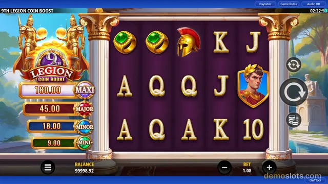 A 5x3 slot game grid titled 9th Legion Coin Boost is displayed with various symbols including a green ring, a helmet, a Roman emperor portrait, and royal cards A, K, Q, J, and 10.