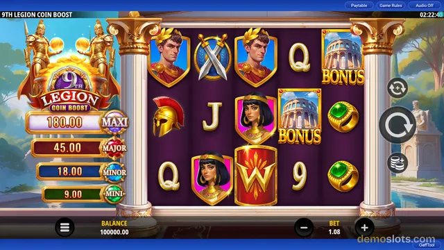 A settled 5x4 slot grid with Roman-themed symbols including a warrior, crossed swords, a helmet, a queen, a bonus building, and a wild, flanked by a jackpot ladder on the left.