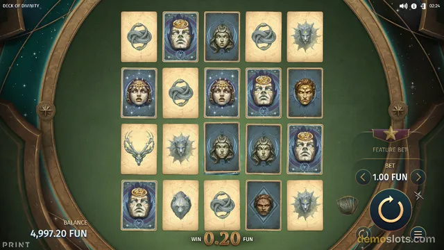 A 5x4 grid of card-style slot symbols on a green felt table with a circular frame, showing a win of 0.20 FUN and a balance of 4,997.20 FUN.