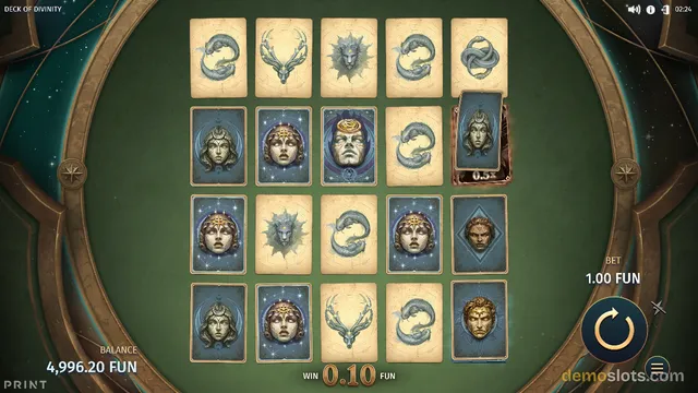 A 5x4 grid of tarot-style cards on a dark green background, showing a base game win of 0.10 FUN.