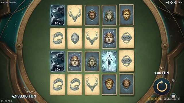 A 5x4 grid of cards with mythological symbols is displayed on a green felt background inside a circular frame.