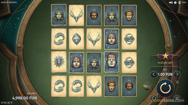 A 5x4 slot grid filled with ornate mythological cards sits against a green felt background inside a golden circular frame, with game controls and a balance display at the bottom.