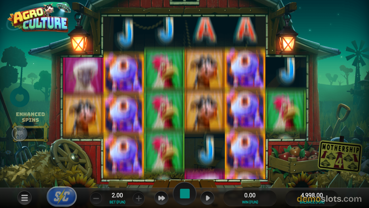 AgroCulture with most reels mid-spin showing motion blur on farm symbols during active reel spin animation.