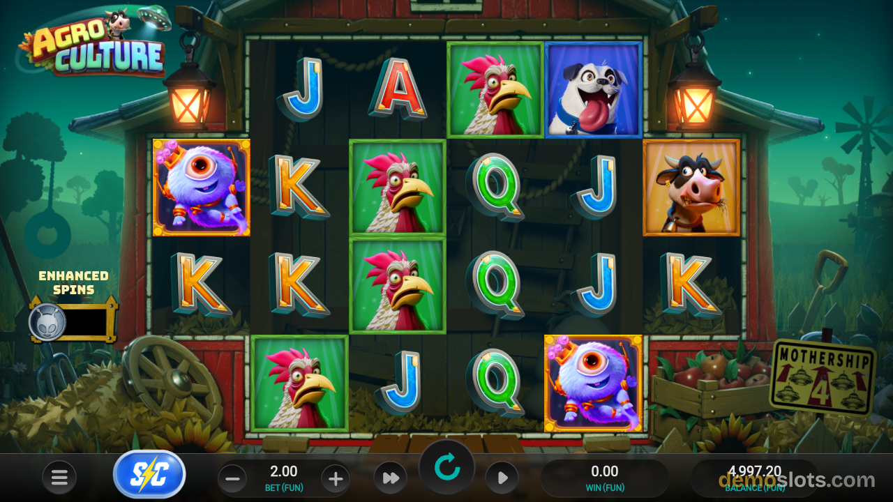 AgroCulture reel spin result showing different symbol combinations with monster, sheep, cow and cards.