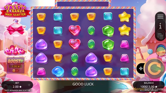 A candy-themed slot game grid with colorful jewel symbols on a purple background.