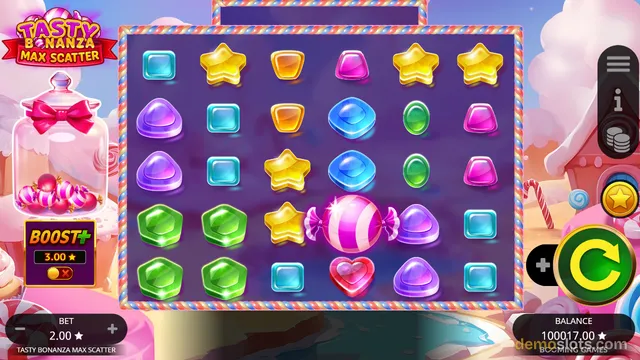 A candy-themed slot game grid with colorful symbols, a Boost feature on the left, and bet and balance displays at the bottom.