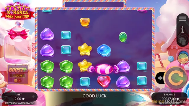 A candy-themed slot game grid with colorful gem-like symbols on a dark purple background, surrounded by a candy-striped border.