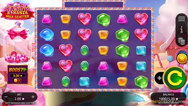 A slot game grid filled with colorful candy symbols on a purple background, with a candy shop theme and game controls around it.