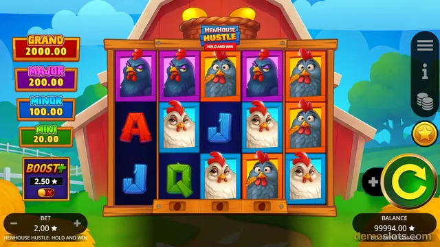 A 5x3 slot game grid with cartoon chickens and letter symbols, set against a red barn background.