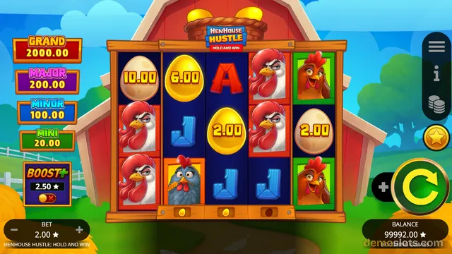 A 5x3 slot grid titled Henhouse Hustle: Hold and Win displays a mix of egg symbols with cash values and various hen characters, with jackpot labels on the left.