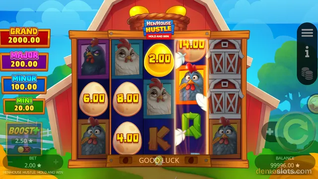 A 5-reel slot game grid set against a red barn backdrop, showing hens, eggs with cash values, and card symbols.