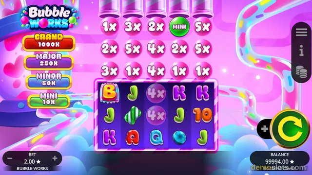 A 5x3 video slot game titled 'Bubble Works' displays a settled grid of letter and bubble symbols against a vibrant pink and purple background.