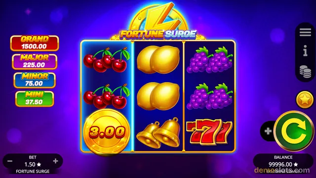 A 3x3 grid slot machine game titled Fortune Surge displays a settled combination of fruit and bell symbols on a purple background.