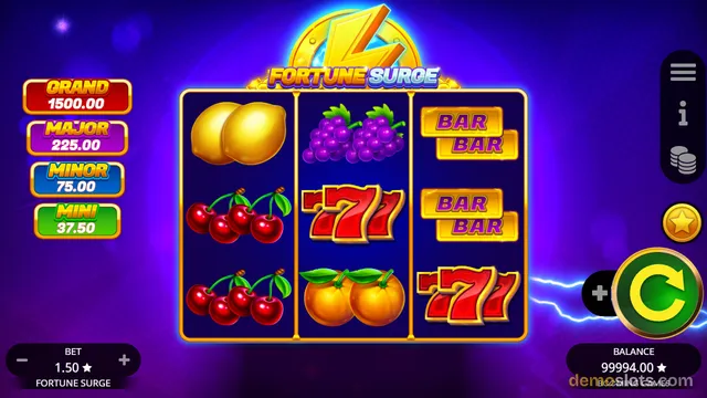 A brightly rendered slot game screen titled Fortune Surge displays a 3x3 grid of fruit and number symbols against a purple background.