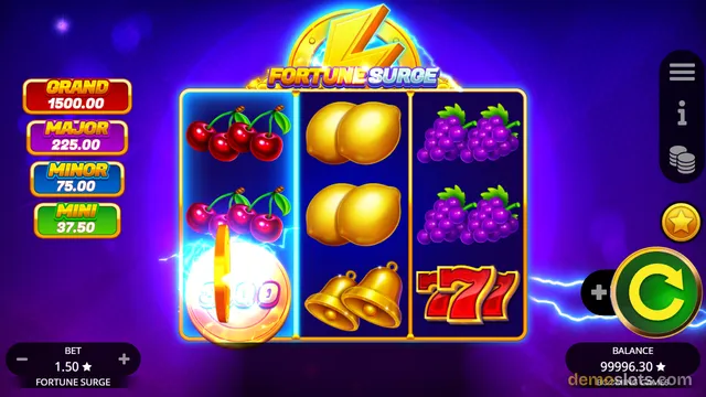 A slot game interface titled Fortune Surge showing a 3x3 grid of symbols including cherries, lemons, grapes, bells, and a 7, with a large spinning coin overlay in the bottom-left cell.