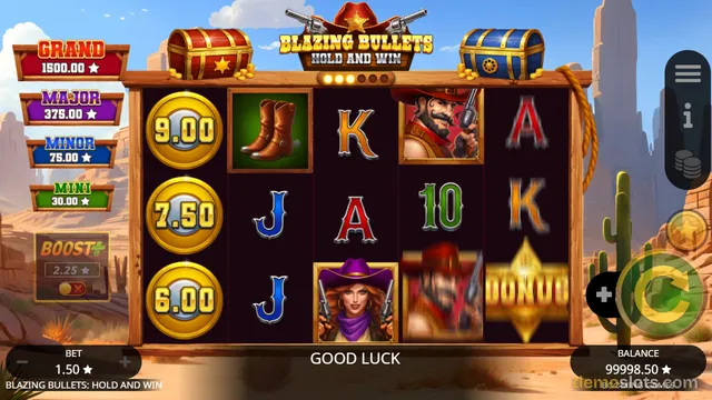 A western-themed slot machine screen titled 'Blazing Bullets Hold and Win' showing a 5-reel grid with a mix of playing card symbols, cowboy characters, and gold coins.
