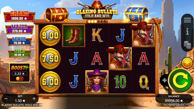 A 5x3 western-themed slot game grid showing cowboy characters, playing card symbols, and money bags against a desert background.