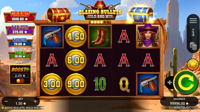 A western-themed slot machine screen displaying a 5 by 3 grid of symbols with gold coins, guns, and letter cards against a desert background.
