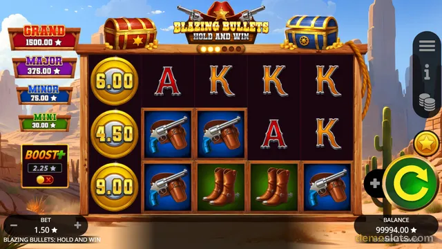A screenshot of the slot game Blazing Bullets: Hold and Win showing a 5x3 grid with a western theme, where a win of 6.00, 4.50, and 9.00 is displayed in a column of gold coins on the left.