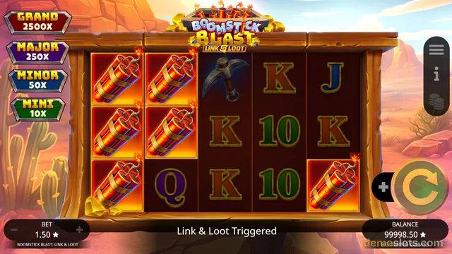 A 5x3 slot grid showing bundled sticks of dynamite, a pickaxe, and card letters, with a Link & Loot Triggered message at the bottom.