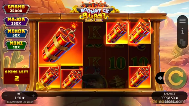 A slot game titled Boomstick Blast: Link & Loot shows a 5x3 grid with dynamite symbols, a spins left counter of 2, and jackpot values on the left side.
