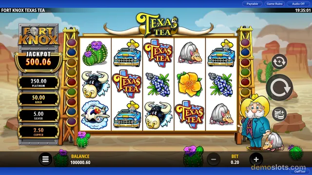 A screenshot of the slot game Fort Knox Texas Tea showing a 5x3 grid of reels with western-themed symbols and a jackpot meter on the left.