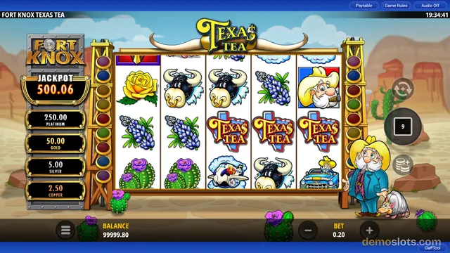 A 5-reel, 3-row slot machine interface titled Fort Knox Texas Tea shows a settled grid of cartoon symbols including a longhorn, cactus, and rose in a desert landscape.