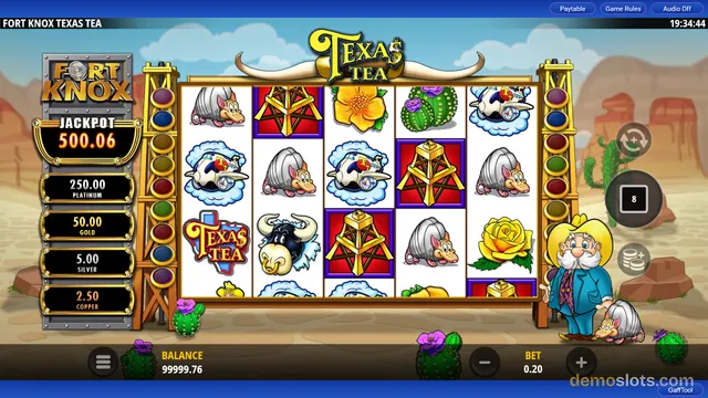 A screenshot of the 'Fort Knox Texas Tea' slot machine game showing a 5x4 grid of symbols against a desert background, with a jackpot meter on the left and a character on the right.