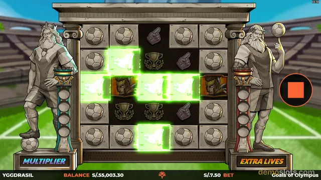A video slot game screen showing a 5x4 grid of soccer-themed symbols with a highlighted winning line, flanked by two Greek statues labeled 'Multiplier' and 'Extra Lives' against a stadium background.