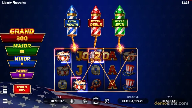 A 5x3 slot game screen titled 'Liberty Fireworks' showing a winning combination of drums on a patriotic-themed grid.