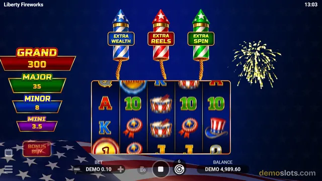 A patriotic-themed slot game screen titled 'Liberty Fireworks' displays a 5x3 grid of symbols including playing card letters, numbers, drums, and fireworks against a dark blue starry background.