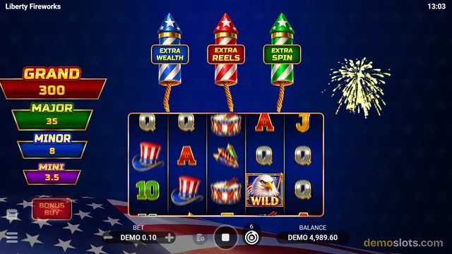A screenshot of a 5-reel, 4-row slot machine game with a patriotic American theme featuring fireworks and a bald eagle wild symbol.
