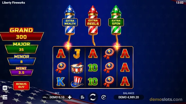 A screenshot of the slot game Liberty Fireworks showing a 5x3 grid of symbols on a dark blue background with patriotic-themed elements.