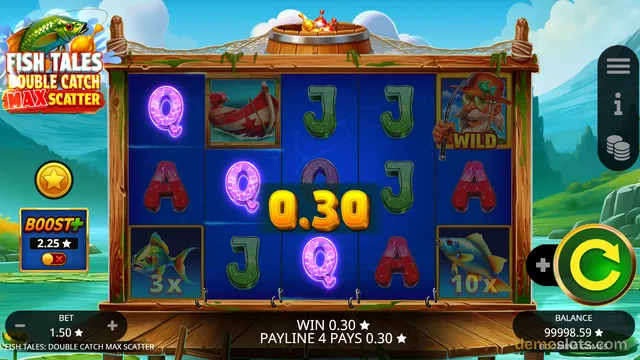 A fishing-themed slot game shows a 5x4 reel grid with a win of 0.30 on payline 4, set against a backdrop of green hills and water.