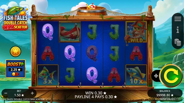 A 5x4 slot game titled Fish Tales Double Catch Max Scatter shows a fishing-themed reel grid with symbols including a fisherman wild, a boat, fish, and letter card values, with a win of 0.30 on payline 4 and a balance of 99998.80.