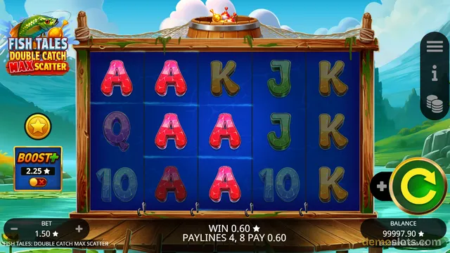 A 5x3 slot game titled Fish Tales Double Catch Max Scatter shows a base game grid with letter symbols on a blue background.